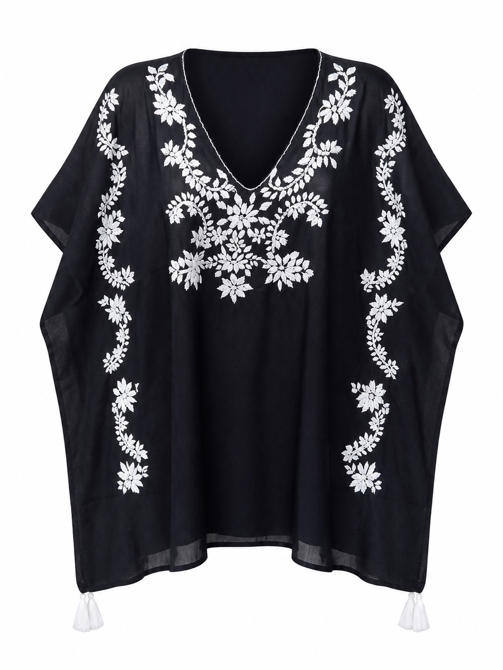 Rhea Costa Black Tunic with White Floral Embroidery